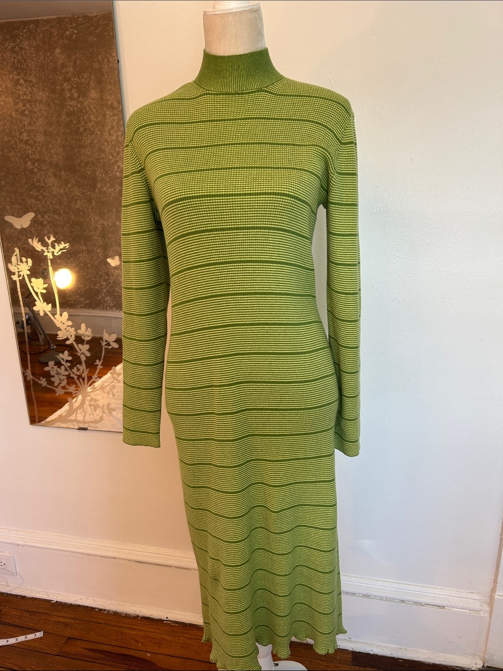 Green Striped Long-Sleeve Midi Knit Dress, Mock Neck
